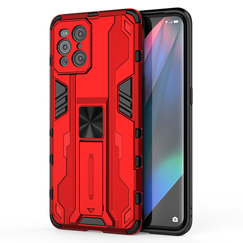 Silicone Matte Finish and Plastic Back Cover Case with Magnetic Stand for Oppo Find X3 5G Red