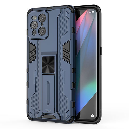 Silicone Matte Finish and Plastic Back Cover Case with Magnetic Stand for Oppo Find X3 Pro 5G Blue
