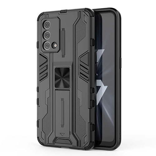 Silicone Matte Finish and Plastic Back Cover Case with Magnetic Stand for Oppo K9 5G Black