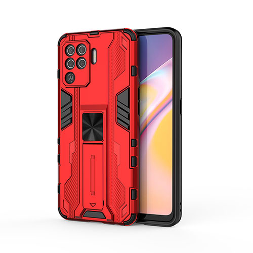 Silicone Matte Finish and Plastic Back Cover Case with Magnetic Stand for Oppo Reno5 F Red