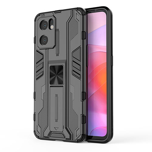 Silicone Matte Finish and Plastic Back Cover Case with Magnetic Stand for Oppo Reno7 SE 5G Black