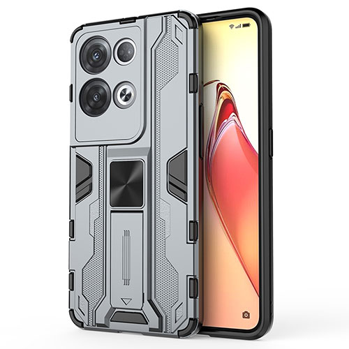 Silicone Matte Finish and Plastic Back Cover Case with Magnetic Stand for Oppo Reno9 Pro+ Plus 5G Gray