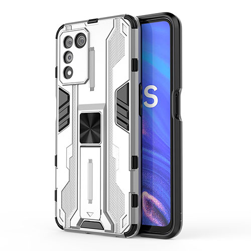 Silicone Matte Finish and Plastic Back Cover Case with Magnetic Stand for Realme 9 SE 5G White