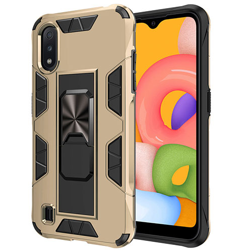 Silicone Matte Finish and Plastic Back Cover Case with Magnetic Stand for Samsung Galaxy A01 SM-A015 Gold