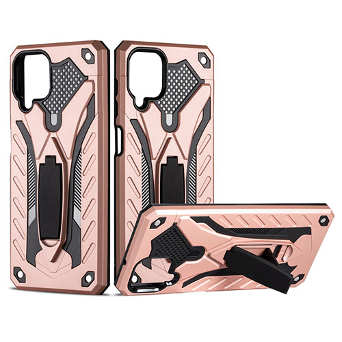 Silicone Matte Finish and Plastic Back Cover Case with Magnetic Stand for Samsung Galaxy A12 5G Rose Gold