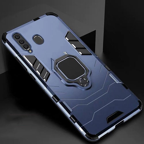 Silicone Matte Finish and Plastic Back Cover Case with Magnetic Stand for Samsung Galaxy A60 Blue