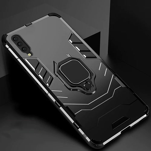 Silicone Matte Finish and Plastic Back Cover Case with Magnetic Stand for Samsung Galaxy A70 Black