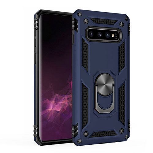 Silicone Matte Finish and Plastic Back Cover Case with Magnetic Stand for Samsung Galaxy S10 5G Blue