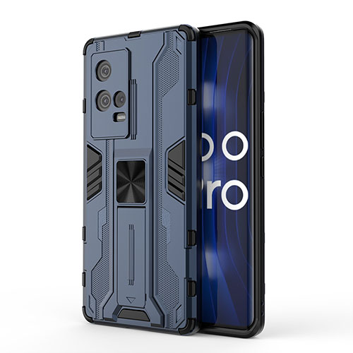 Silicone Matte Finish and Plastic Back Cover Case with Magnetic Stand for Vivo iQOO 8 Pro 5G Blue