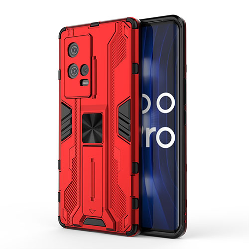 Silicone Matte Finish and Plastic Back Cover Case with Magnetic Stand for Vivo iQOO 8 Pro 5G Red