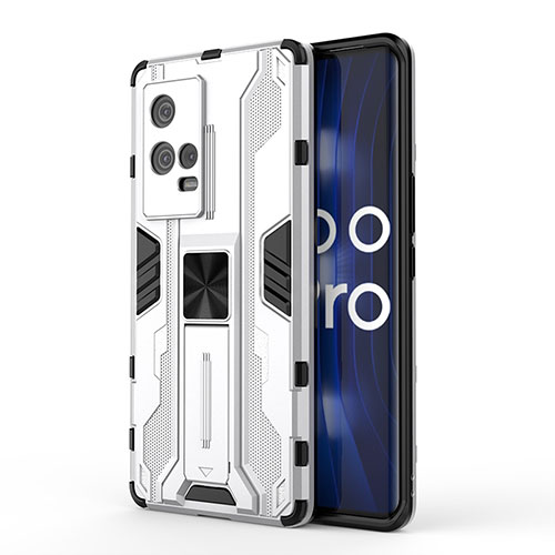 Silicone Matte Finish and Plastic Back Cover Case with Magnetic Stand for Vivo iQOO 8 Pro 5G White