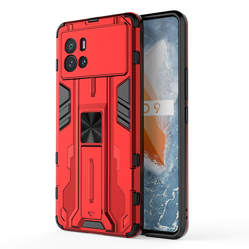 Silicone Matte Finish and Plastic Back Cover Case with Magnetic Stand for Vivo iQOO 9 Pro 5G Red