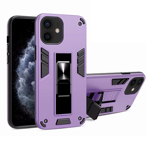 Silicone Matte Finish and Plastic Back Cover Case with Magnetic Stand H01 for Apple iPhone 12 Mini Clove Purple