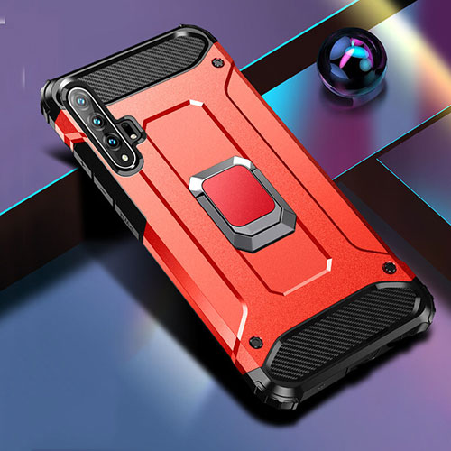 Silicone Matte Finish and Plastic Back Cover Case with Magnetic Stand H01 for Huawei Honor 20 Pro Red