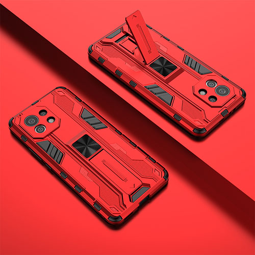 Silicone Matte Finish and Plastic Back Cover Case with Magnetic Stand H01 for Xiaomi Mi 11 Lite 4G Red