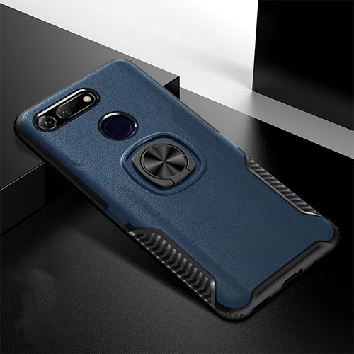 Silicone Matte Finish and Plastic Back Cover Case with Magnetic Stand H02 for Huawei Honor V20 Blue