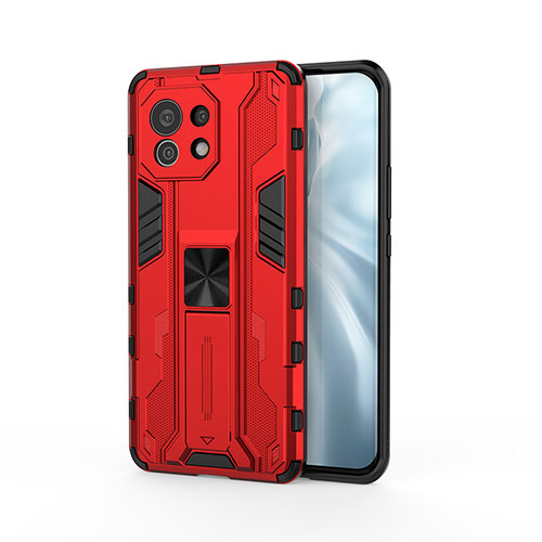 Silicone Matte Finish and Plastic Back Cover Case with Magnetic Stand H02 for Xiaomi Mi 11 Lite 5G NE Red