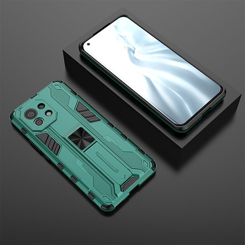 Silicone Matte Finish and Plastic Back Cover Case with Magnetic Stand H03 for Xiaomi Mi 11 Lite 5G Green