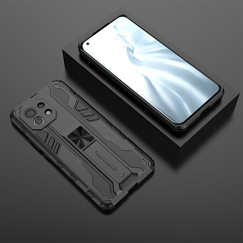 Silicone Matte Finish and Plastic Back Cover Case with Magnetic Stand H03 for Xiaomi Mi 11 Lite 5G NE Black