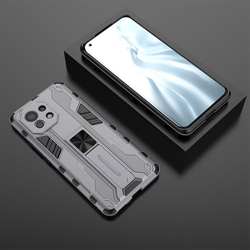 Silicone Matte Finish and Plastic Back Cover Case with Magnetic Stand H03 for Xiaomi Mi 11 Lite 5G NE Gray