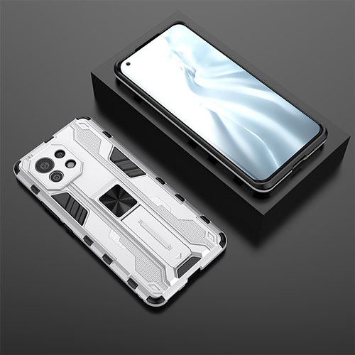 Silicone Matte Finish and Plastic Back Cover Case with Magnetic Stand H03 for Xiaomi Mi 11 Lite 5G NE White