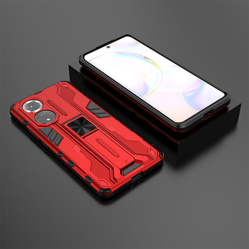 Silicone Matte Finish and Plastic Back Cover Case with Magnetic Stand KC1 for Huawei Honor 50 5G Red