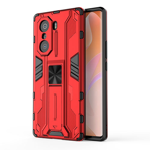 Silicone Matte Finish and Plastic Back Cover Case with Magnetic Stand KC1 for Huawei Honor 60 Pro 5G Red