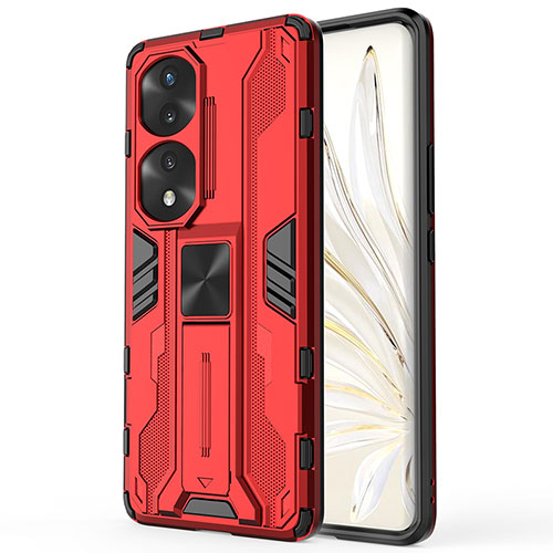 Silicone Matte Finish and Plastic Back Cover Case with Magnetic Stand KC1 for Huawei Honor 70 Pro 5G Red