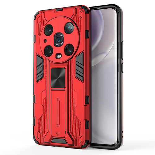 Silicone Matte Finish and Plastic Back Cover Case with Magnetic Stand KC1 for Huawei Honor Magic4 Pro 5G Red