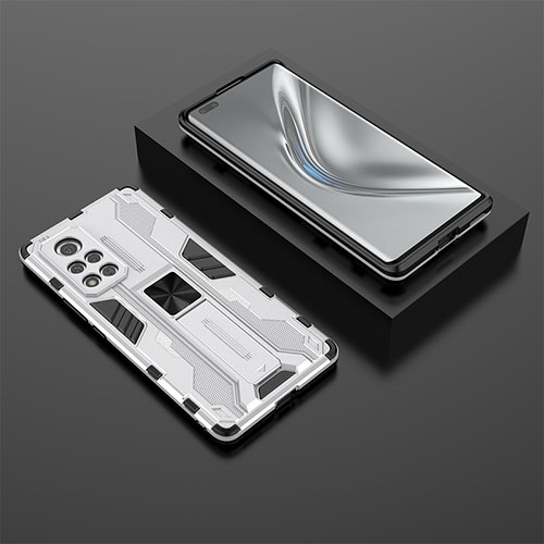 Silicone Matte Finish and Plastic Back Cover Case with Magnetic Stand KC1 for Huawei Honor V40 5G Silver