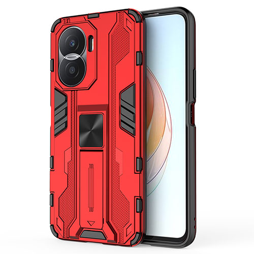 Silicone Matte Finish and Plastic Back Cover Case with Magnetic Stand KC1 for Huawei Honor X40i 5G Red