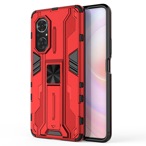 Silicone Matte Finish and Plastic Back Cover Case with Magnetic Stand KC1 for Huawei Nova 9 SE Red