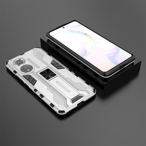 Silicone Matte Finish and Plastic Back Cover Case with Magnetic Stand KC1 for Huawei Nova 9 Silver