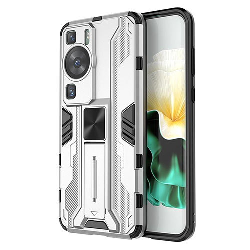 Silicone Matte Finish and Plastic Back Cover Case with Magnetic Stand KC1 for Huawei P60 Pro Silver