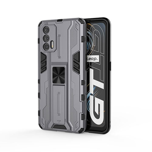 Silicone Matte Finish and Plastic Back Cover Case with Magnetic Stand KC1 for Realme GT 5G Gray