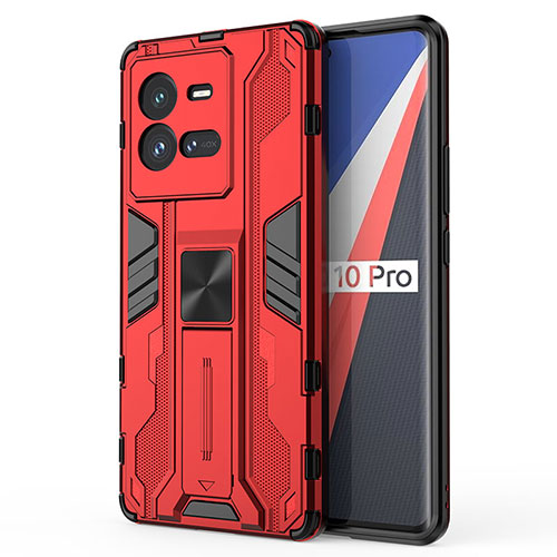 Silicone Matte Finish and Plastic Back Cover Case with Magnetic Stand KC1 for Vivo iQOO 10 Pro 5G Red