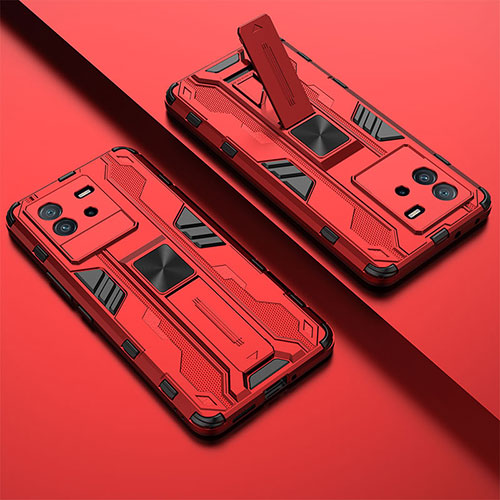 Silicone Matte Finish and Plastic Back Cover Case with Magnetic Stand KC1 for Vivo iQOO Neo6 SE 5G Red