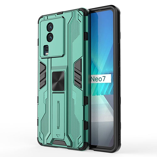 Silicone Matte Finish and Plastic Back Cover Case with Magnetic Stand KC1 for Vivo iQOO Neo7 SE Green