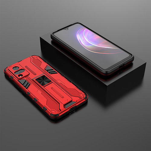 Silicone Matte Finish and Plastic Back Cover Case with Magnetic Stand KC1 for Vivo V21 5G Red