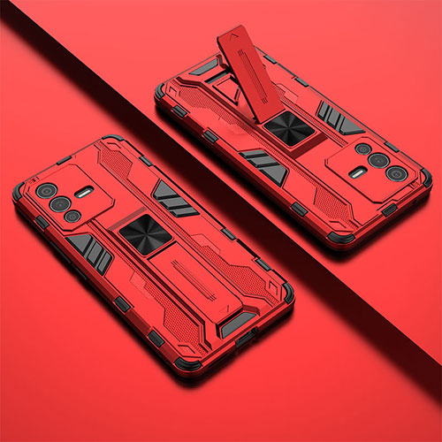 Silicone Matte Finish and Plastic Back Cover Case with Magnetic Stand KC1 for Vivo V23 Pro 5G Red