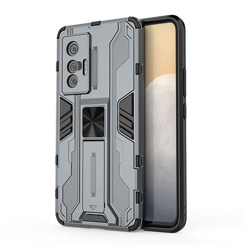 Silicone Matte Finish and Plastic Back Cover Case with Magnetic Stand KC1 for Vivo X70 5G Gray