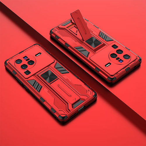 Silicone Matte Finish and Plastic Back Cover Case with Magnetic Stand KC1 for Vivo X80 Pro 5G Red