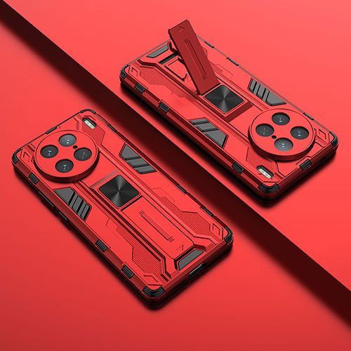 Silicone Matte Finish and Plastic Back Cover Case with Magnetic Stand KC1 for Vivo X90 Pro 5G Red