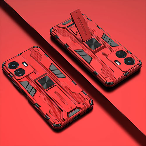 Silicone Matte Finish and Plastic Back Cover Case with Magnetic Stand KC1 for Vivo Y77 5G Red