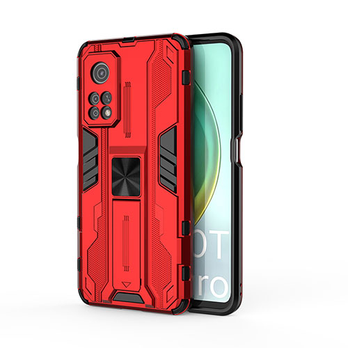 Silicone Matte Finish and Plastic Back Cover Case with Magnetic Stand KC1 for Xiaomi Mi 10T 5G Red