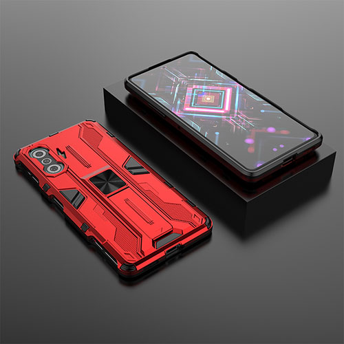Silicone Matte Finish and Plastic Back Cover Case with Magnetic Stand KC1 for Xiaomi Poco F3 GT 5G Red