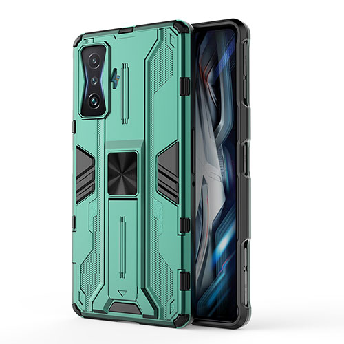 Silicone Matte Finish and Plastic Back Cover Case with Magnetic Stand KC1 for Xiaomi Poco F4 GT 5G Green