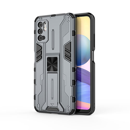 Silicone Matte Finish and Plastic Back Cover Case with Magnetic Stand KC1 for Xiaomi POCO M3 Pro 5G Gray