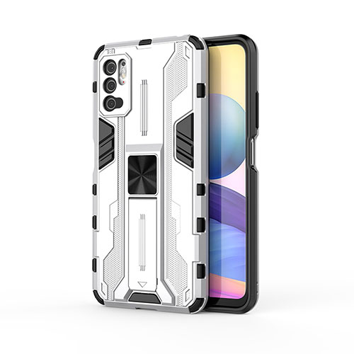 Silicone Matte Finish and Plastic Back Cover Case with Magnetic Stand KC1 for Xiaomi POCO M3 Pro 5G Silver