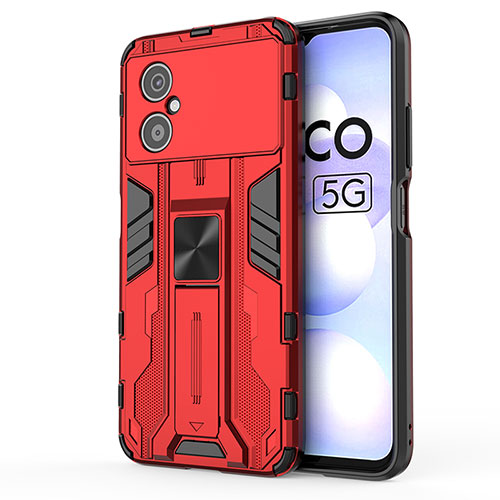Silicone Matte Finish and Plastic Back Cover Case with Magnetic Stand KC1 for Xiaomi Poco M4 5G Red